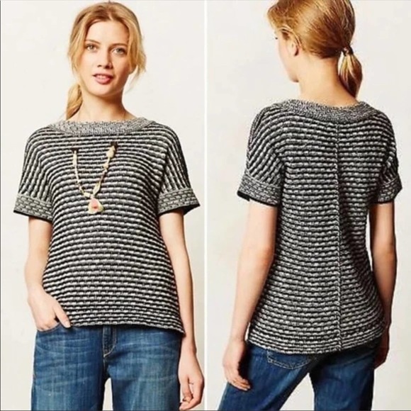 Anthropologie Field Flower Greta Striped Linen Sweater S Black White 6743 - Picture 1 of 8